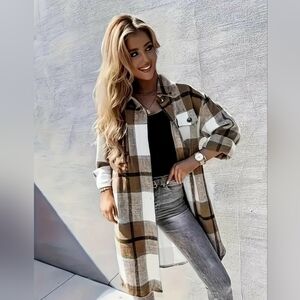 NWT Briwn Plaid Long Plaid Shirt Jacket